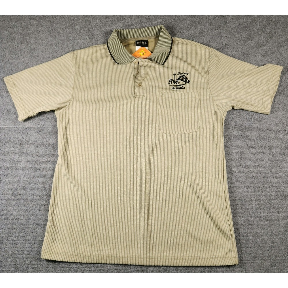 Aus Koala Polo Shirt Mens Medium Tan Sydney Australia Ribbed Souvenir NEW